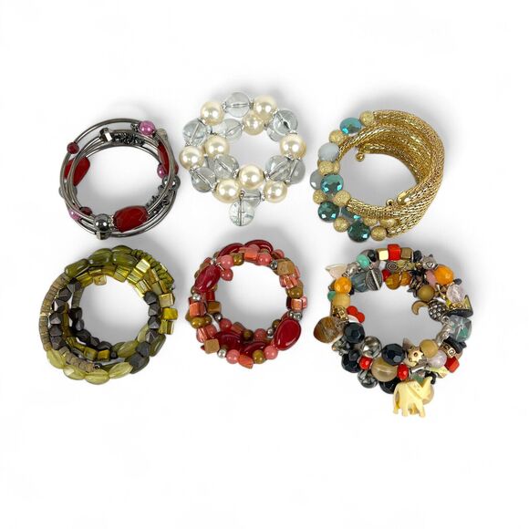 Bracelet Lot 6 Wire Coil Wrap Beaded Iridescent Colorful Charms Rhinestones - Picture 3 of 13